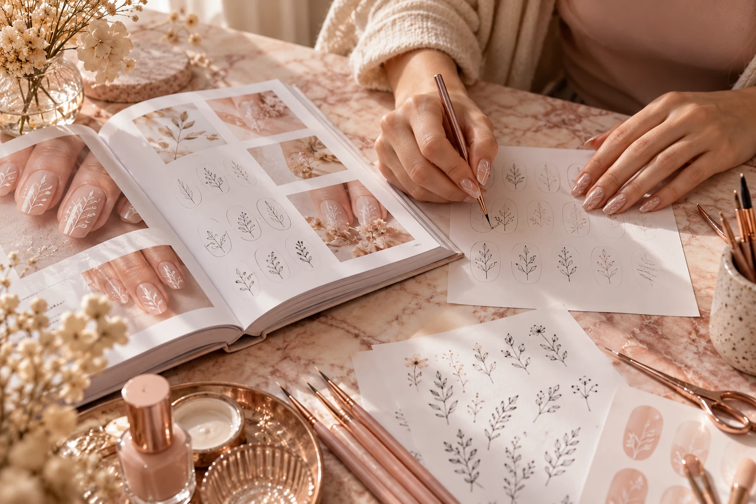 Manos con nail art botánica practicando trazos en un cuaderno