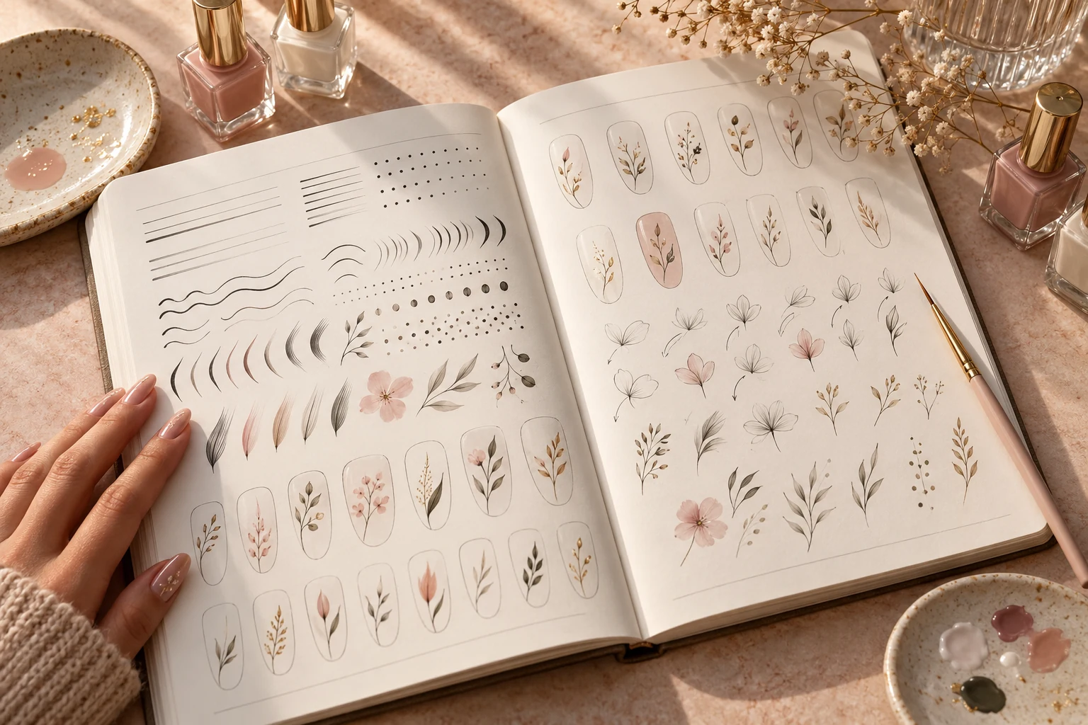 Cuaderno abierto con ejercicios de líneas, curvas y diseños de uñas